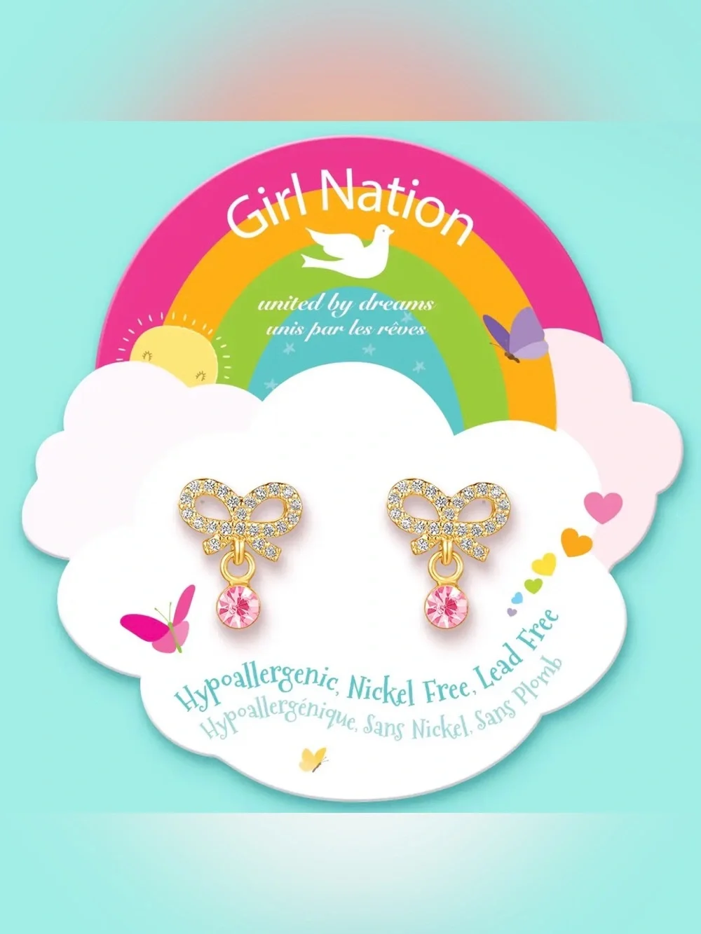 Girl Nation Little Luxe Drop Earrings/ Crystal Bow Hypoallergenic Nickel Free